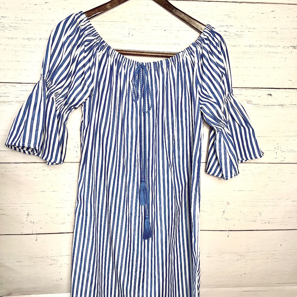 CLEO Apparel- Off the shoulder Nautical White and Blue Dress Size Large